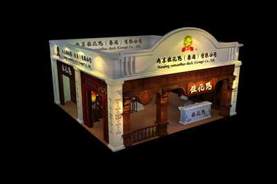 64平米展臺設計制作：二面開口/現(xiàn)代/木質結構/白色，為食品展展商而作（免費使用）