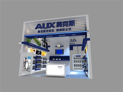 36平米展臺設計制作：二面開口/現(xiàn)代/木質(zhì)結構/藍色，為家電展展商而作（免費使用）