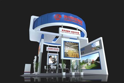 36平米展臺設(shè)計制作：三面開口/現(xiàn)代/木質(zhì)結(jié)構(gòu)/藍色，為食品展展商而作（免費使用）