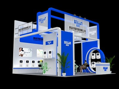 36平米展臺設(shè)計制作：三面開口/現(xiàn)代/木質(zhì)結(jié)構(gòu)/藍(lán)色，為家電展展商而作（免費使用）