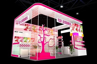 24平米展臺設計制作：三面開口/現代/木質結構/粉色，為食品展展商而作（免費使用）