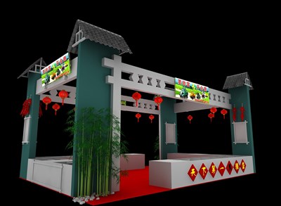 54平米展臺(tái)設(shè)計(jì)制作：二面開口/田園/木質(zhì)結(jié)構(gòu)/綠色，為食品展展商而作（免費(fèi)使用）