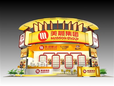 60平米展臺(tái)設(shè)計(jì)制作：三面開口/現(xiàn)代/木質(zhì)結(jié)構(gòu)/黃色，為食品展展商而作（免費(fèi)使用）
