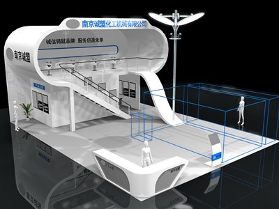 108平米展臺設(shè)計制作：三面開口/現(xiàn)代/雙層結(jié)構(gòu)/白色，為汽配展展商而作（免費使用）