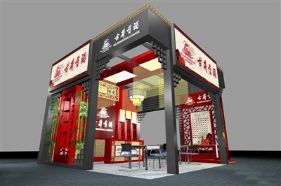 36平米展臺設(shè)計制作：三面開口/中式/木質(zhì)結(jié)構(gòu)/灰色，為糖酒展展商而作（免費使用）