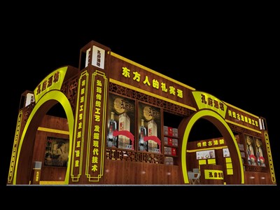 120平米展臺設(shè)計制作：二面開口/中式/木質(zhì)結(jié)構(gòu)/咖啡色，為糖酒展展商而作（免費使用）