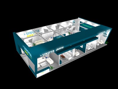 90平米展臺(tái)設(shè)計(jì)制作：二面開口/現(xiàn)代/型材結(jié)構(gòu)/藍(lán)色，為家具展展商而作（免費(fèi)使用）
