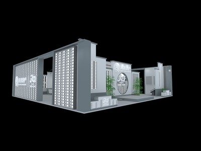 132平米展臺(tái)設(shè)計(jì)制作：三面開口/前衛(wèi)/型材結(jié)構(gòu)/灰色，為房產(chǎn)展展商而作（免費(fèi)使用）