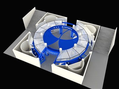 1024平米展臺設(shè)計(jì)制作：四面開口/現(xiàn)代/型材結(jié)構(gòu)/白色，為旅游展展商而作（免費(fèi)使用）