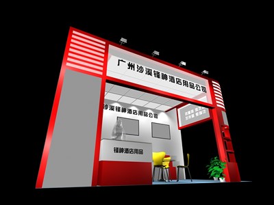 18平米展臺設(shè)計制作：二面開口/現(xiàn)代/木質(zhì)結(jié)構(gòu)/紅色，為綜合展展商而作（免費使用）