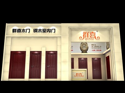 36平米展臺設(shè)計制作：一面開口/歐式/木質(zhì)結(jié)構(gòu)/米色，為建材展展商而作（免費使用）