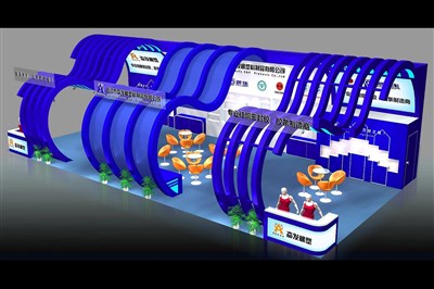 128平米展臺設(shè)計(jì)制作：三面開口/現(xiàn)代/木質(zhì)結(jié)構(gòu)/藍(lán)色，為建材展展商而作（免費(fèi)使用）