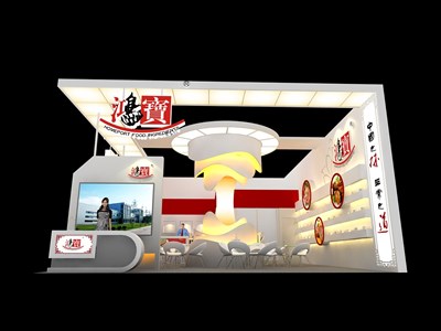 88平米展臺設(shè)計制作：二面開口/現(xiàn)代/木質(zhì)結(jié)構(gòu)/米色，為食品展展商而作（免費(fèi)使用）