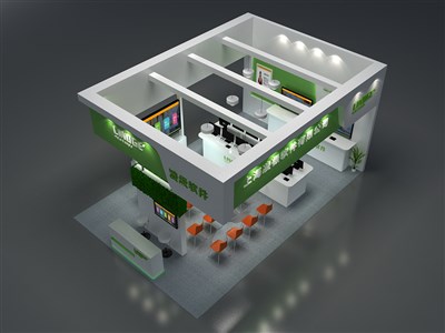 54平米展臺(tái)設(shè)計(jì)制作：三面開口/現(xiàn)代/木質(zhì)結(jié)構(gòu)/綠色，為電子展展商而作（免費(fèi)使用）